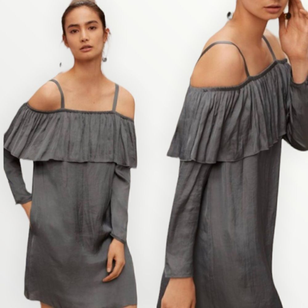 Wilfred | Aritzia NWT Grey Brosset Satin Off-Shoulder Mini Dress Size XS